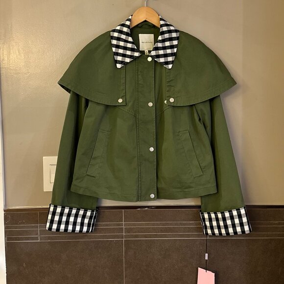 Avec Les Filles Cotton-Blend Gingham Trim Cape Jacket (Olive Green) - Picture 7 of 16